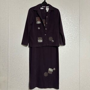 Country Wear Casuals VTG Purple Faux Suede Short‎ Sleeve Maxi Dress Jacket Set L
